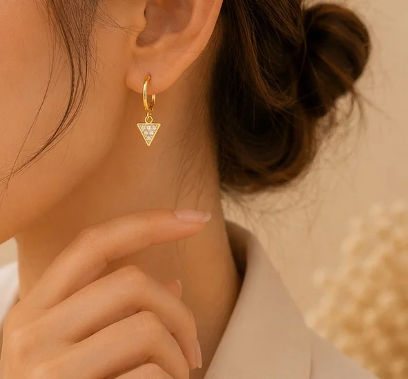 Gold Hoop CZ Triangle Charm Earrings